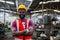 Portrait engineering male african american happy smiling workers wear yellow helmet standing at factory industrial