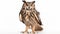 Portrait of Eurasian Eagle Owl, Bubo bubo, a species of eagle owl, standing in white. generative ai