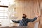 Portrait of european man with beard, paper throw, celebrating