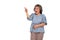 Portrait of excited screaming asian senior woman standing and pointing finger to copy space isolated over white background.