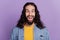 Portrait of excited surprised guy look camera open mouth shock reaction sale on purple background