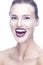 Portrait of Exclaiming Smiling Caucasian Woman with Fresh Healthy Skin for Regular Facial Therapy Treatment, Cosmetology, Beauty
