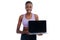 Portrait, exercise and laptop screen with happy black woman in studio isolated on white background. Fitness, smile and