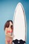 Portrait exotic girl posing with surfboard