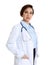 Portrait of experienced doctor in uniform on white. Medical service