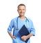 Portrait of experienced doctor in uniform on white. Medical service