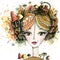 Portrait of Fairy of mushrooms or forest with basket, flowers and leaves.