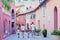 Portrait of family of four, walking on the streets of Villefranche, France