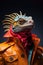 Portrait of fantasy lizard iguana character in orange leather jacket on dark background