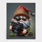 Portrait of fantasy old gnome in blue clothes, red hat holding photocamera. Fairy tale phototgrapher