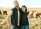 Portrait, farm and couple on cattle farm, smile and happy for farming success, agro and agriculture. Farmer, man and