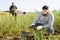 Portrait of farmer with harvest of garlic on the field