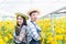 Portrait farmer young woman and man worker smiling in uniform standing arms crossed