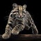 portrait of a fast clouded leopard leaping over a tree branch isolated on a black background. ai generative