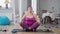 Portrait of fat Caucasian young woman in lotus pose doing breathing exercise. Front view wide shot of obese millennial