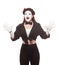 Portrait of a female mime artist performing, isolated on white background. Symbol of joy, surprise, pleasant meeting