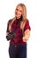 Portrait of a female photographer gesturing thumbs up over white