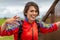 Portrait of Female Skydiver, Beginner\'s Nerves after first skydiving experience.