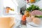 Portrait of female standing near open fridge full of healthy food. Portrait of female