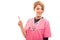 Portrait of female vet wearing pink scrub pointing finger up