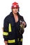 Portrait of fireman posing on white background