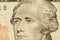 Portrait of the first us Treasury Secretary  Alexander Hamilton on a $ 10 bill, close-up, selective focus.