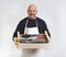 portrait of a fishmonger on white background