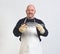 portrait of a fishmonger on white background