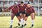 Portrait, fitness and a rugby team training together for a scrum in preparation of a game or competition. Sports