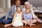 Portrait, floor or happy grandparents with kids sit smiling together in family home in retirement. Senior grandma, smile