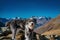 Portrait of a fluffy black and white dog high up on a mountain at the Timmelsjoch alpine pass