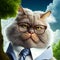 Portrait of a fluffy British breed cat wearing a shirt, glasses and tie