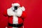 Portrait of focused elderly santa claus hipster take photo of his christmas time voyage abroad wear stylish costume belt