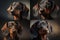 Portrait of four dachshund dogs with studio lighting