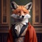 Portrait of fox in human clothing. Creative portrait of wild animal on abstract background. Antropomorphic animal
