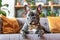 Portrait of a French Bulldog Wearing a Bow Tie on a Sofa