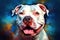 Portrait of a friendly and adorable white pitbull in light crimson and blue colors. Generative AI