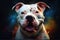 Portrait of a friendly and adorable white pitbull in light crimson and blue colors. Generative AI