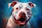 Portrait of a friendly and adorable white pitbull in light crimson and blue colors. Generative AI