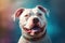 Portrait of a friendly and adorable white pitbull in light crimson and blue colors. Generative AI