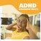 Portrait of frustrated african american young businesswoman screaming, adhd awareness month text