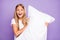 Portrait of funny crazy model kid hold hand pillow want have fun on sleep-over party feel content expression play pillow