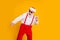 Portrait of funny crazy santa claus in red hat celebrate x-mas christmas magic festive time feel hipster dance wear