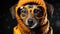 Portrait of a funny dog with glasses, sweater and orange cap ready to go for a walk. Generative AI