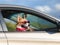 portrait of a funny ginger Corgi dog puppy in sunglasses and headscarf leaning out the car window on the road during the