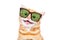 Portrait of funny meowing kitten in sunglasses