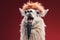 Portrait of funny singing llama with microphone Generative AI