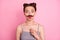 Portrait of funny teen girl hold mustache mask feel fun celebrate valentine summer day party send air kisses wear casual