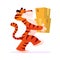 Portrait of funny tiger character carry and deliver packages boxes isolated on white background.