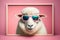 Portrait of funny white sheep in a sunglasses.AI generated